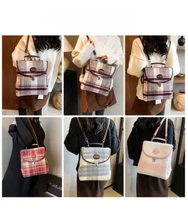 Multiple grid views showing models wearing plaid and plush backpacks in various colors