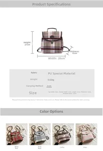 Detailed size chart and dimensions for the British plaid backpack with four color options