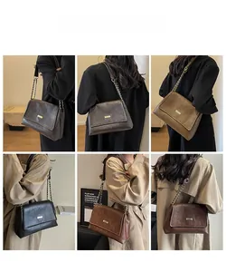 Collage of model wearing vintage tote bags in black, dark brown, caramel, and khaki
