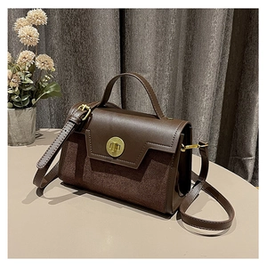 Detail of vintage dark brown handbag with matte texture and golden metal twist lock clasp