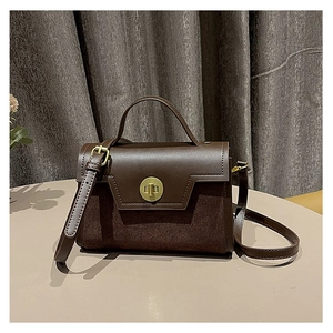Detail of dark brown handbag showing vintage gold twist lock and suede texture contrast