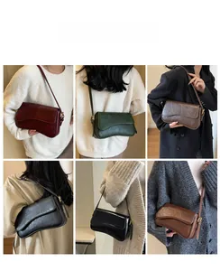 Showcase of six vintage shoulder bags in various colors on different outfits