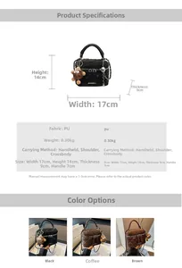 Quilted mini bucket bag details with plush charm and sizing dimensions in centimeters