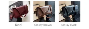 Three shoulder bags in red matte, glossy brown, and black leather with gold buckles