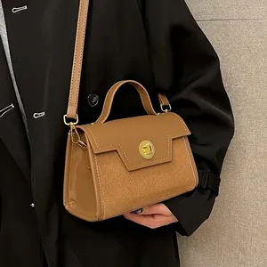 Women Vintage Splicing PU Leather Crossbody Bag Frosted Suede Texture Handbag With Gold Metal Rotating Lock Autumn Winter Fashion