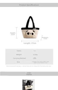 Détails du sac cabas panda en peluche avec dimensions et caractéristiques du matériau