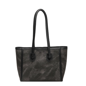 Maillard style large capacity grey washed canvas tote bag with black leather handles