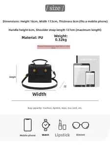 Detailed size chart for black PU leather crossbody bag showing dimensions and capacity