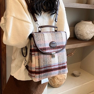 Retro plaid large capacity backpack in pink and beige wool fabric with leather trim