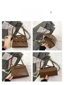 Detail view of small brown square bag showing four angles and size comparison with phone