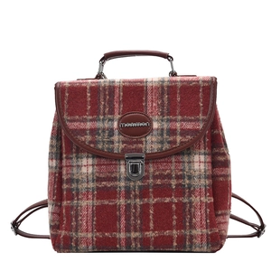 Retro plaid large backpack for women with red and white tweed and brown leather accents