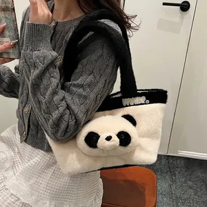 Sac Fourre-tout en Peluche Panda pour Femmes Grande Capacité Sac à Épaule en Fausse Fourrure Dessin Animé Noir Blanc Sac de Voyage