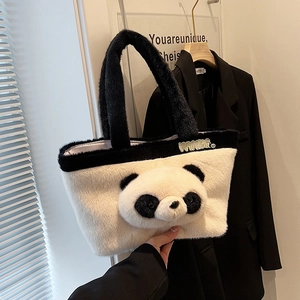 Sac fourre-tout panda d'hiver en fausse fourrure noire et blanche à grande capacité