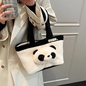 Sac fourre-tout en peluche d'hiver avec un panda 3D mignon et une finition noir et blanc