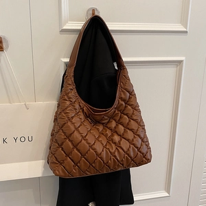 Brown quilted rhombus hobo tote bag with wide shoulder strap in premium stylish design