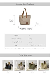 Detailed size chart and multi-color options for this large canvas tote bag