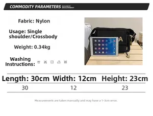 Detailed size specifications for the large capacity black nylon tote bag with A-print
