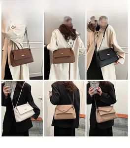 Showcase of six stylish chain crossbody bags in various colors on models
