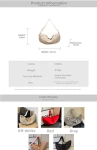 Detail view of large nylon crescent bag showing dimensions 61x28x15cm and light weight