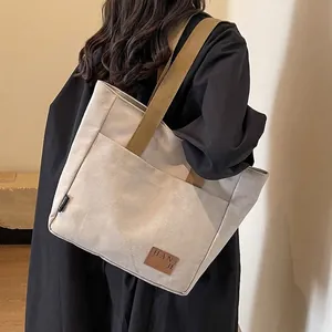 Women Casual Large Capacity Canvas Tote Bag Multi-Pockets Contrast Handles Minimalist Daily Shoulder Commuting Handbag