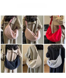Detailed views of nylon crescent crossbody bags in five colors worn by a model