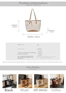 Detailed dimension chart for large PU leather tote bag with ribbon and four color options