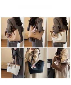 Collage of multi-colored large tote bags with silk scarves and contrast straps