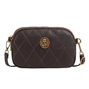 Sac bandoulière marron foncé matelassé avec fermoir ours doré et double fermeture éclair