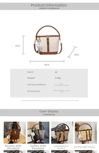 Detailed spec chart for retro bucket bag with dimensions and plush ball charm detail