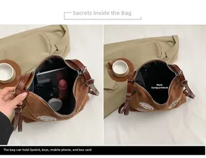 Detail view of large brown tote bag interior showing main compartment and storage capacity