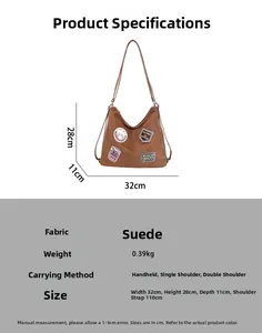 Brown suede hobo bag features product dimensions 32x28x11cm and detailed size parameters