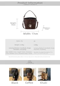 Tableau des tailles du sac seau en cuir PU avec dimensions et détails de bandoulière