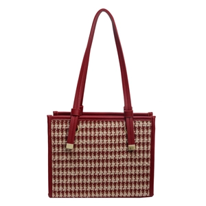 Elegant red and beige houndstooth bridal tote bag with leather handles and gold buckles