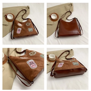 Multiple views of a brown retro tote bag with patchwork embroidery and faux suede details