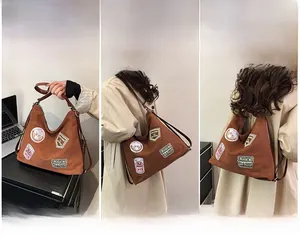 Brown suede tote bag shown in handheld, single shoulder, and backpack carrying styles