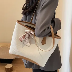 Women Large Capacity Litchi Grain PU Leather Tote Bag Fashion Scarf Decoration Commuter Shoulder Bag Office Travel Handbag