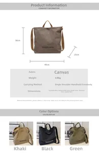 Detailed size chart for large canvas tote bag with height 36cm and width 40cm specifications