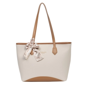 Large capacity tote bag in cream and brown pebble leather with decorative silk scarf