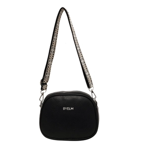 Fashionable black round crossbody bag with ethnic woven wide strap and silver BYELM logo