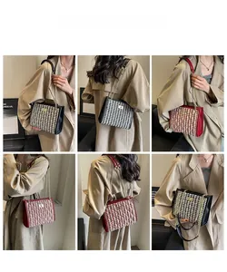 Multi-angle view ofhoundstooth pattern chain bag with leather handle and metal strap