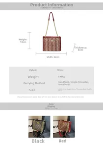 Size chart for red tweed wedding handbag with dimensions 22x18x8cm and chain strap detail