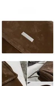 Gros plan du sac bandoulière en daim marron avec logo métallique et chaîne argentée