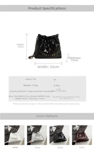 Detailed size chart and specifications for the quilted chain bucket bag in multiple colors