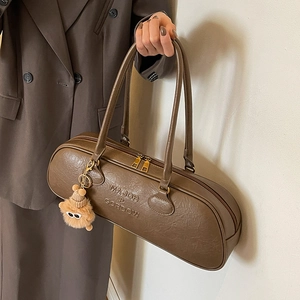 Vintage PU Leather Boston Underarm Bag For Women Large Capacity Cylindrical Shoulder Bag With Fashion Monster Pendant