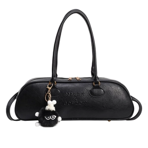 Large capacity black PU leather underarm bowling bag with long handles and soot sprite charm
