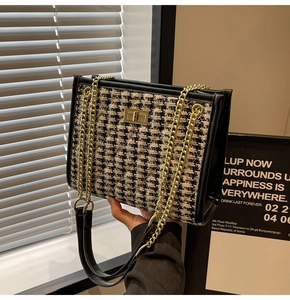 Detailed shot of houndstooth crossbody bag featuring golden chain and metal turn-lock closure