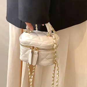 Women Mini Quilted PU Leather Crossbody Bag Gold Chain Strap Vanity Case Style Elegant Daily Shoulder Handbag