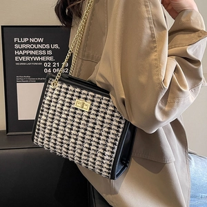 Classic houndstooth crossbody bag with gold chain strap and square metal lock detail