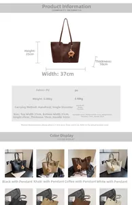 Detailed size chart and specifications for large PU leather tote bag with dimensions