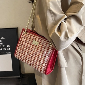 Elegant red and white tweed wedding handbag with gold chain strap and leather trim